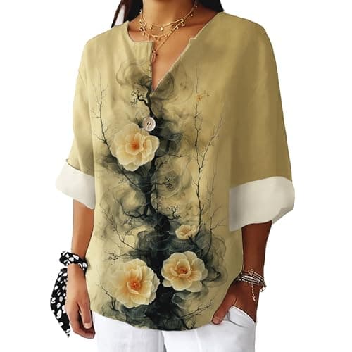 Bivenant Women's Floral Blouses Vintage Cotton Linen Button V-Neck T-Shirts 3/4 Sleeve Boho Tunic Tops for Summer
| Wom