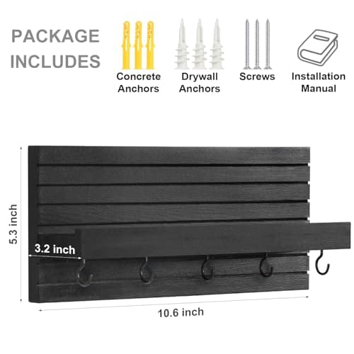 Black Sturdy Wood Keyholder Entrance Hanger with Shelf Holds Leashes and Jackets – Entryway Wall Mount Key Holder with H