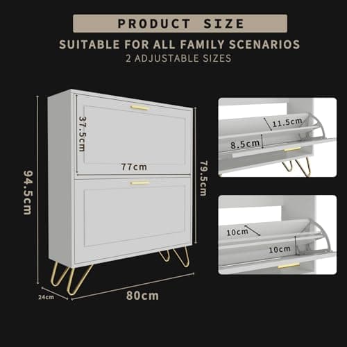 Golden Shoe Cabinet with 2 Flip Drawers for Entryway and Foyer
| Adjustable Shelf Shoe Organizer Cabinet for Hallway wi