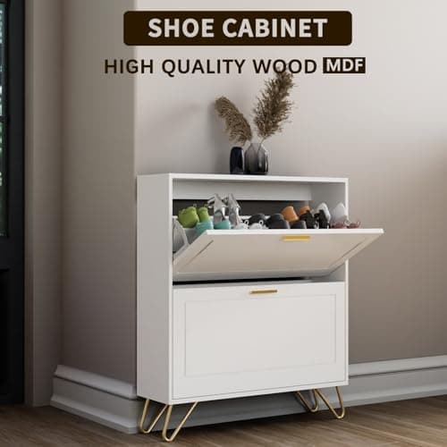 Golden Shoe Cabinet with 2 Flip Drawers for Entryway and Foyer
| Adjustable Shelf Shoe Organizer Cabinet for Hallway wi
