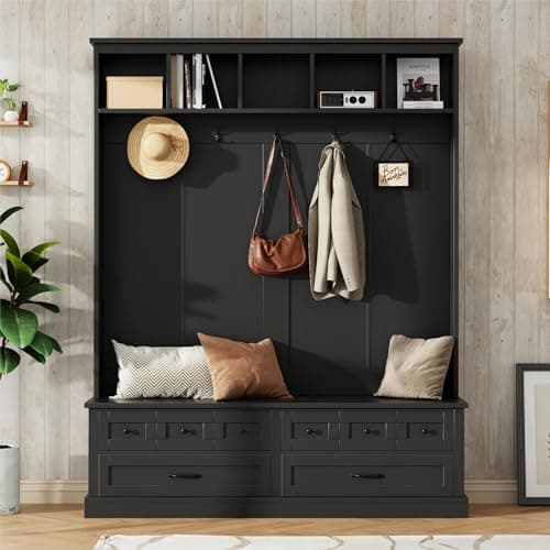 Wide Hall Tree with Lift Top Storage Bench and Drawers for Living Room, Retro Wooden Entrance Organizer with Hooks and O