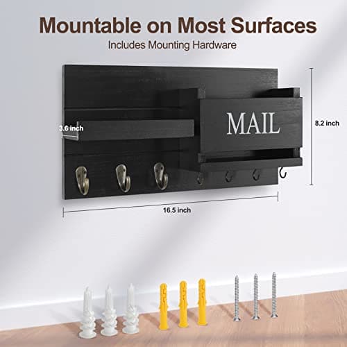 Wall Mount Mail Organizer with Key Holder & Shelf - Farmhouse Decor for Hallway (16.5" x 9.1" x |4") (Rustic Wood, Blac