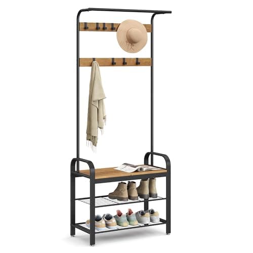 VASAGLE UHSR40MB Coat Rack, Hall Tree with Shoe Bench for Entryway, 4-in-1 with 9 Hooks and Hanging Rod, Greige and Blac