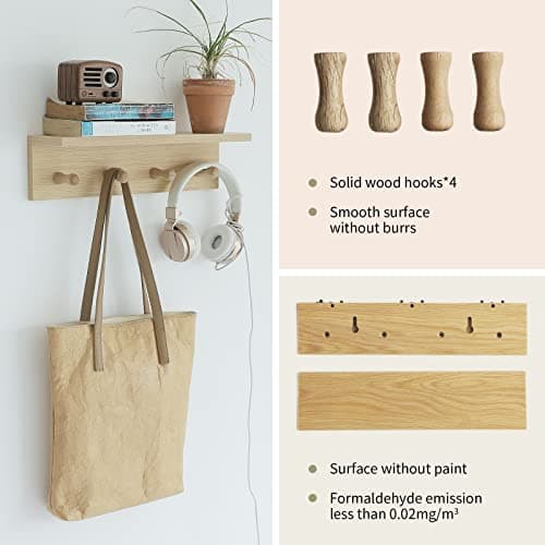 Sturdy Oak Finish Wall Mount Coat Rack with Shelf Save Indoor Space Suitable for Entryway, Mudroom, Kitchen, Bathroom