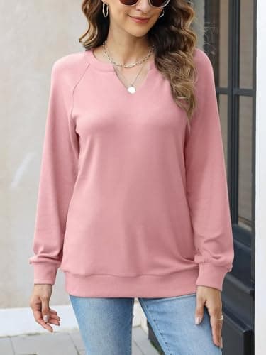 EADINVE Women Casual Long Sleeve V Neck Sweatshirts Cute Loose Fit Lightweight Pullover Tops for Comfortable Everyday We