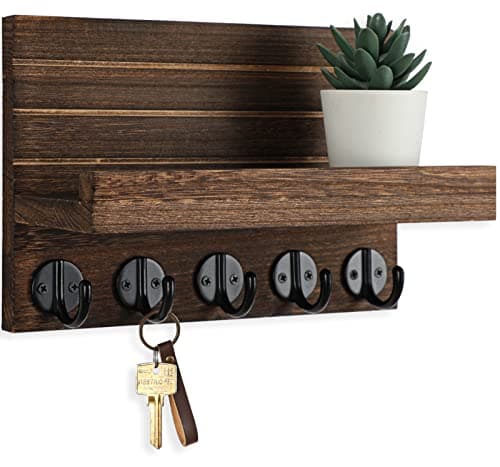 Decorative Wall Key Holder and Mail Organizer with Shelf for Bags and Coats - Paulownia Wood Key Hanger (9.8”W x 6.7”H