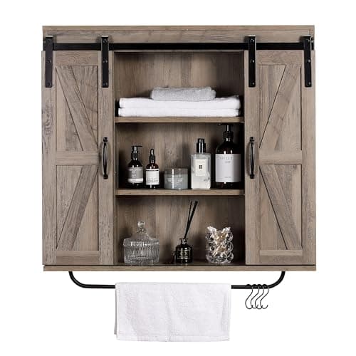 RUSTOWN Dark Walnut Rustic Wood Wall Storage Cabinet with Two Sliding Barn Door, 3-Tier Decorative Farmhouse Vintage Cab