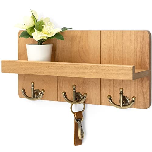 Rebee Vision Rustic Brown Farmhouse Key Holder for Wall with Shelf and 3 Hooks - Entryway Decor
