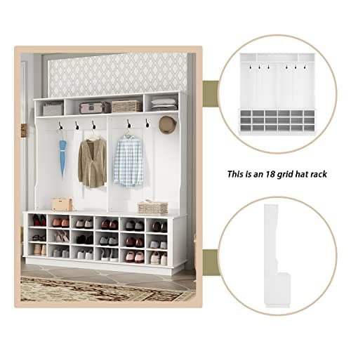 White Wide Hall Tree with Shoe Storage Bench, 18 Shoe Storage Cube & 3 Top Cube, Modern 4-in-1 Entryway Coat Rack for Ha
