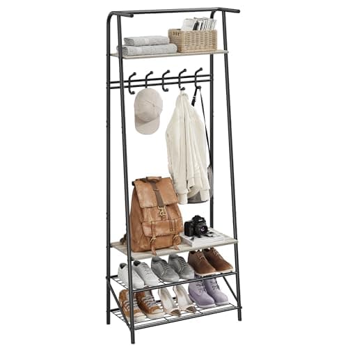 Hall Trees Entryway Bench with Storage (Grey+Black, 5 Hooks-25.2 in)  
Multifunctional Hallway Organizer with Wood Look
