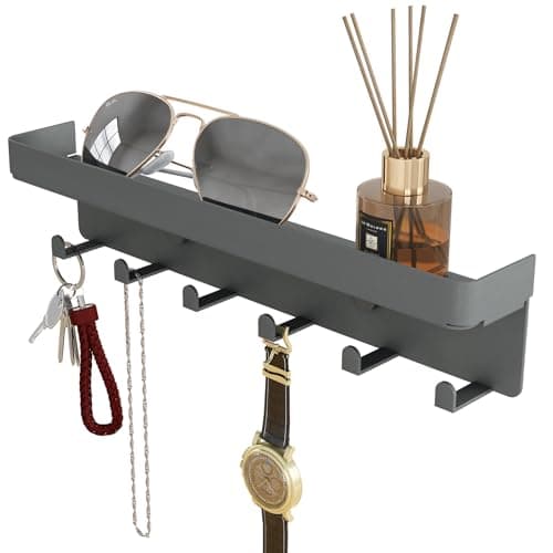 Rustic Key Holder for Wall with Shelf Metal Matte Black, Small Key Organizer for Entryway Hallway Living Room Decor, 6 K