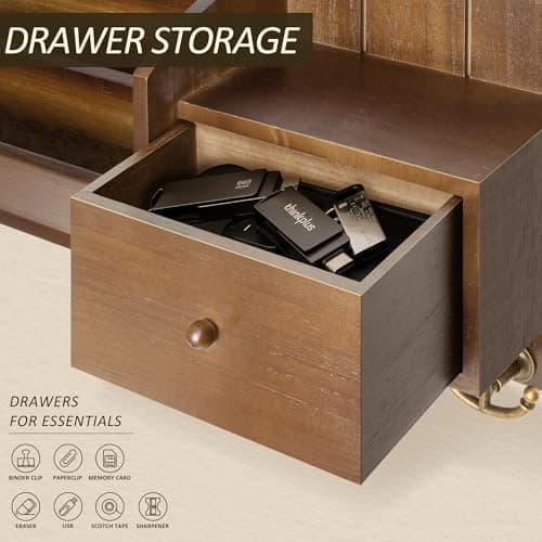 Modern Farmhouse Key Holder with Hooks and Mini Drawer - Rustic Apartment Essentials for Home Improvement (Brown & Golde
