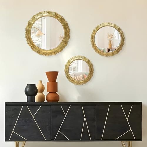 Gold Wall Mirror Living Room Decor, Elegant 3PCS Asymmetrical Mirrors for Modern Home Office or Bedroom, Stylish Wall Ar