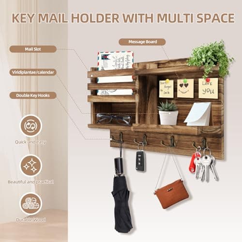 Solid Wood Wall Mount Key Holder and Mail Organizer (Burnt Brown)
| Self Adhesive or Drill Mounted 8 Hook Key Rack (Bur