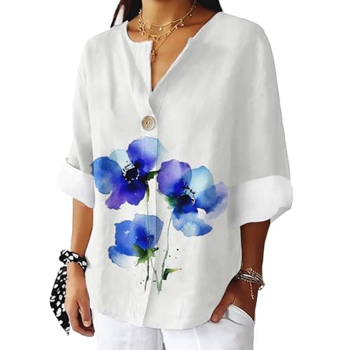 Bivenant Women's Floral Blouses Vintage Cotton Linen Button V-Neck T-Shirts 3/4 Sleeve Boho Tunic Tops for Summer
| Wom