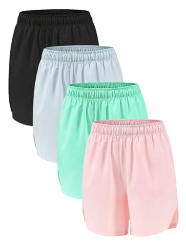 Celfaeree Girls Running Shorts with Pockets | Dry-Fit Athletic Shorts for Kids Teens | 4 Packs | Sweat-Wicking Sportswea