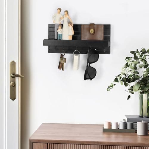 Black Sturdy Wood Keyholder Entrance Hanger with Shelf Holds Leashes and Jackets – Entryway Wall Mount Key Holder with H