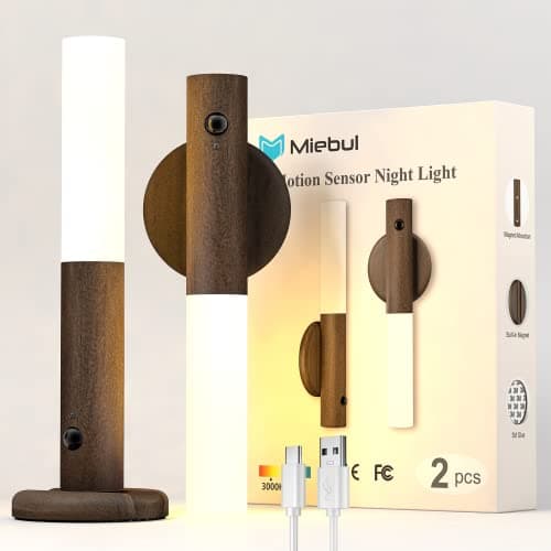 Miebul Rechargeable Motion Sensor Light Indoor Magnetic LED Wall Lights for Bedroom Corridor Staircase (Walnut Wood 2PCS