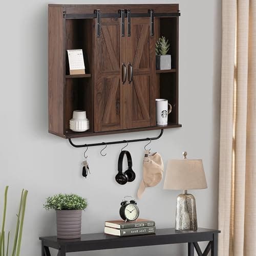 RUSTOWN Dark Walnut Rustic Wood Wall Storage Cabinet with Two Sliding Barn Door, 3-Tier Decorative Farmhouse Vintage Cab