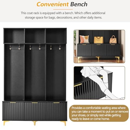 Merax Modern Large Storage Hall Tree with Bench, Multi-Functional with High Gloss Fluted Doors, Entryway Organizer with