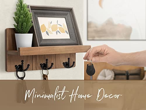 Rebee Vision Rustic Brown Farmhouse Key Holder for Wall with Shelf and 3 Hooks - Entryway Decor