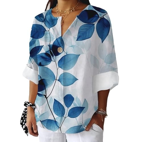 Bivenant Women's Floral Blouses Vintage Cotton Linen Button V-Neck T-Shirts 3/4 Sleeve Boho Tunic Tops for Summer
| Wom
