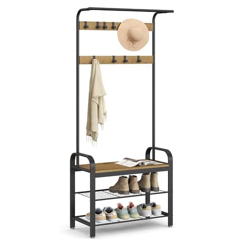 VASAGLE UHSR40MB Coat Rack, Hall Tree with Shoe Bench for Entryway, 4-in-1 with 9 Hooks and Hanging Rod, Greige and Blac