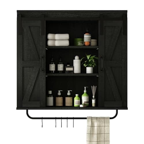 RUSTOWN Dark Walnut Rustic Wood Wall Storage Cabinet with Two Sliding Barn Door, 3-Tier Decorative Farmhouse Vintage Cab