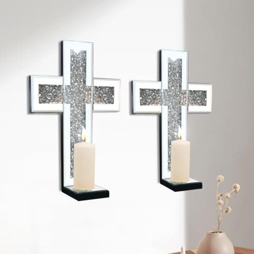 Crystal Crush Diamond Mirrored Candle Sconces, Silver Wall Candle Holder Set of 2, Living Room and Dining Room Decor (Re