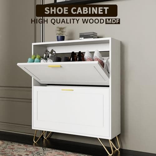 Golden Shoe Cabinet with 2 Flip Drawers for Entryway and Foyer
| Adjustable Shelf Shoe Organizer Cabinet for Hallway wi