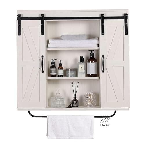 RUSTOWN Dark Walnut Rustic Wood Wall Storage Cabinet with Two Sliding Barn Door, 3-Tier Decorative Farmhouse Vintage Cab