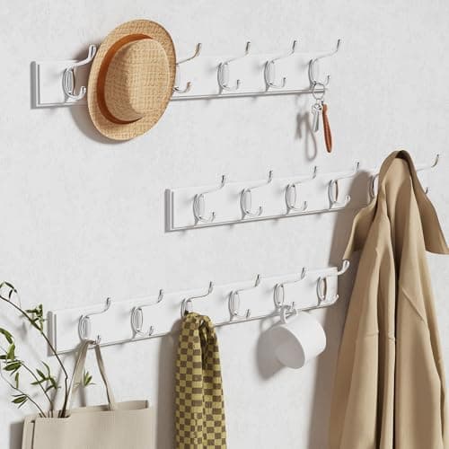 White Coat Rack Wall Mount 2 Pack for Jackets and Bags  
Wall-Mounted Coat Rack 2 Pack White with 6 Metal Hooks for Hats