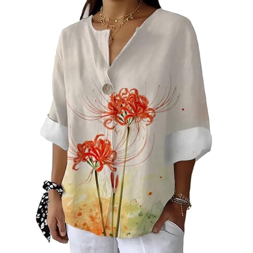 Bivenant Women's Floral Blouses Vintage Cotton Linen Button V-Neck T-Shirts 3/4 Sleeve Boho Tunic Tops for Summer
| Wom