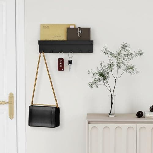 Rustic Key Holder for Wall with Shelf Metal Matte Black, Small Key Organizer for Entryway Hallway Living Room Decor, 6 K