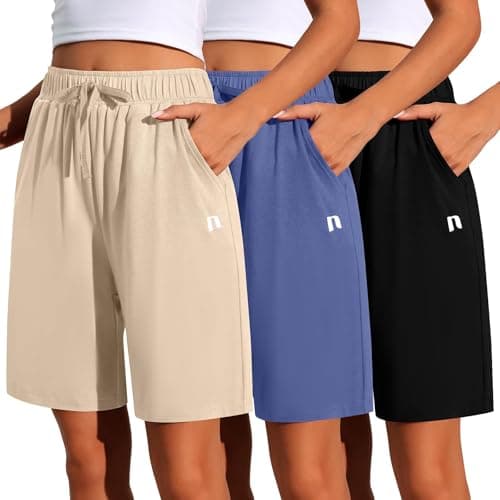 Neer 3 Pack Women's Quick Dry Drawstring High Waisted Bermuda Shorts with Pockets for Sports
