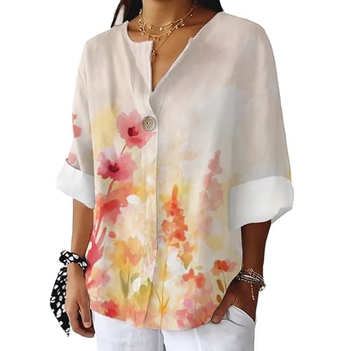 Bivenant Women's Floral Blouses Vintage Cotton Linen Button V-Neck T-Shirts 3/4 Sleeve Boho Tunic Tops for Summer
| Wom