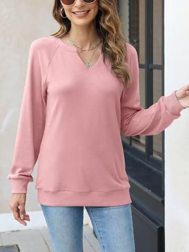 EADINVE Women Casual Long Sleeve V Neck Sweatshirts Cute Loose Fit Lightweight Pullover Tops for Comfortable Everyday We