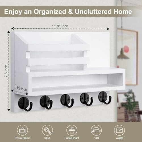 Key and Mail Holder Wall Mount, Durable Long Storage Box and Multiple Hooks for Coat and Dog Leash, Ideal for Home Deco