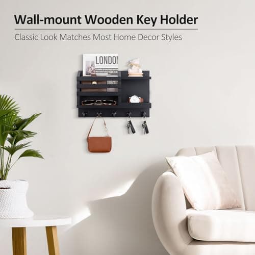 Nekon Black Wooden Key Holder for Wall entrada hall Rustic Home Decor 5 Hooks Organizer