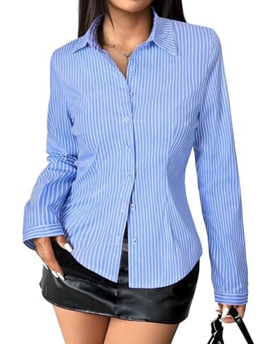 Gleeivy Women's Striped Button Down Shirts Y2k Crop Tops V Neck Collared Slim Fit Blouses Flare Sleeve Streetwear
