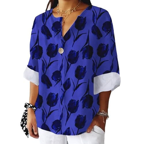 Bivenant Women's Floral Blouses Vintage Cotton Linen Button V-Neck T-Shirts 3/4 Sleeve Boho Tunic Tops for Summer
| Wom