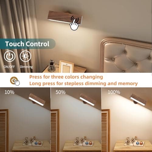 Wireless Dimmable Battery Operated Led Wall Sconces 2 Pack for Bedroom (Black Walnut)  
Rechargeable 3 Color Temperature