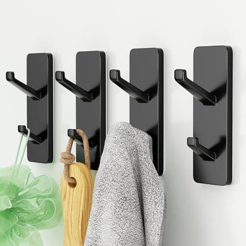 Self-Adhesive Black Metal Wall Hooks - 4 Pack for Bathrooms, Shower, Kitchen & Doors: Hold up to 13 LB