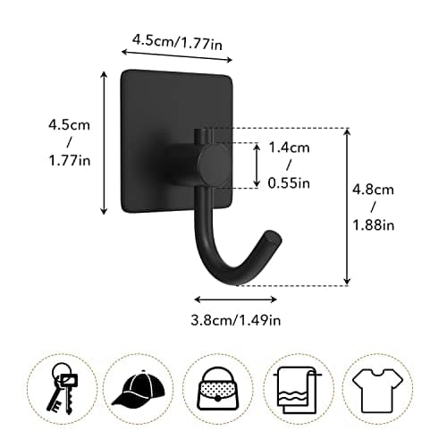 Heavy Duty Self Adhesive Hooks for Bathroom and Kitchen, Stainless Rustproof Coat and Robe Hooks, 6 Pack  
Sticky Black
