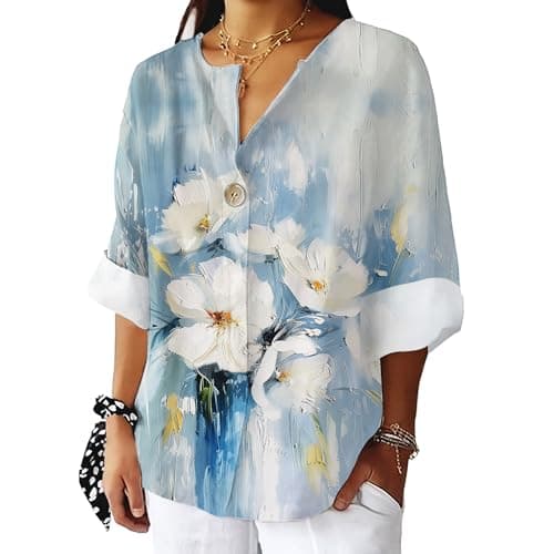 Bivenant Women's Floral Blouses Vintage Cotton Linen Button V-Neck T-Shirts 3/4 Sleeve Boho Tunic Tops for Summer
| Wom