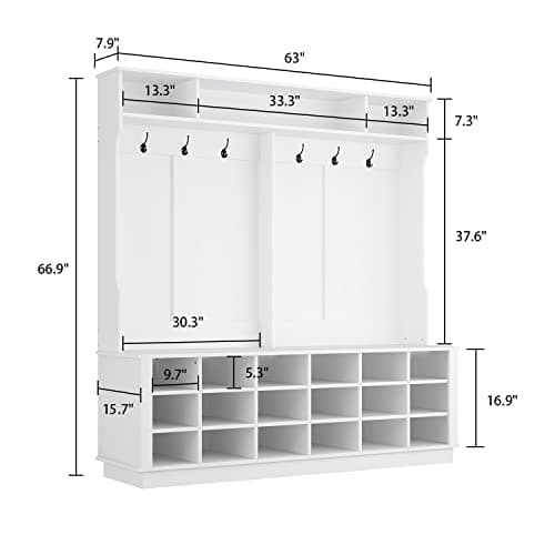 White Wide Hall Tree with Shoe Storage Bench, 18 Shoe Storage Cube & 3 Top Cube, Modern 4-in-1 Entryway Coat Rack for Ha
