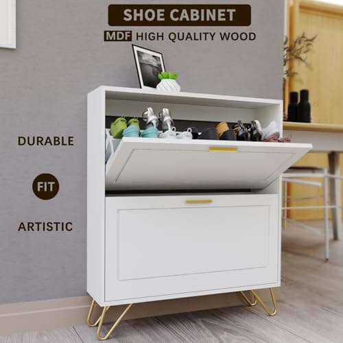 Golden Shoe Cabinet with 2 Flip Drawers for Entryway and Foyer
| Adjustable Shelf Shoe Organizer Cabinet for Hallway wi
