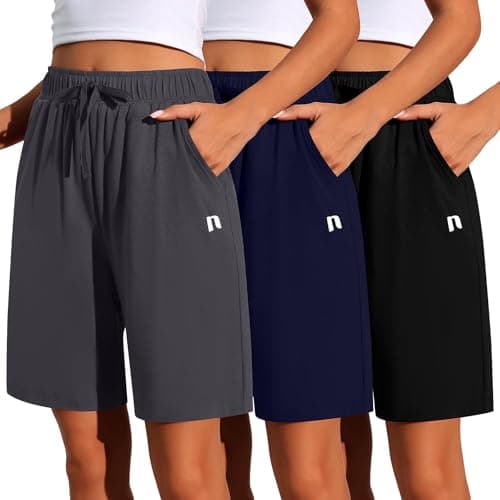 Neer 3 Pack Women's Quick Dry Drawstring High Waisted Bermuda Shorts with Pockets for Sports