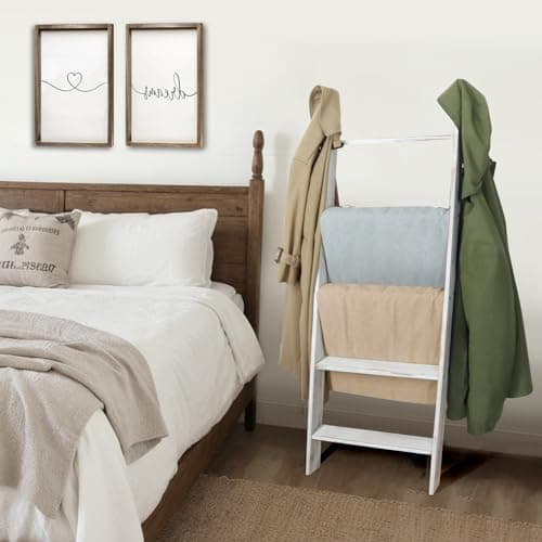 Honest Blanket 5-Tier Blanket Holder for The Living Room, White, Farmhouse Decor, Wall-Leaning Ladder Shelves  
Honest B