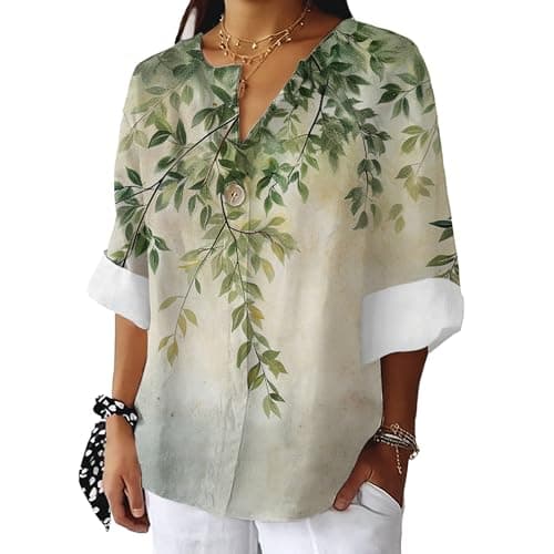 Bivenant Women's Floral Blouses Vintage Cotton Linen Button V-Neck T-Shirts 3/4 Sleeve Boho Tunic Tops for Summer
| Wom